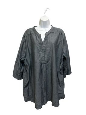 Mustard Chambray Cotton Tunic Top Shirt Size 24 Blue 1/2 Button Embroidered Cuff